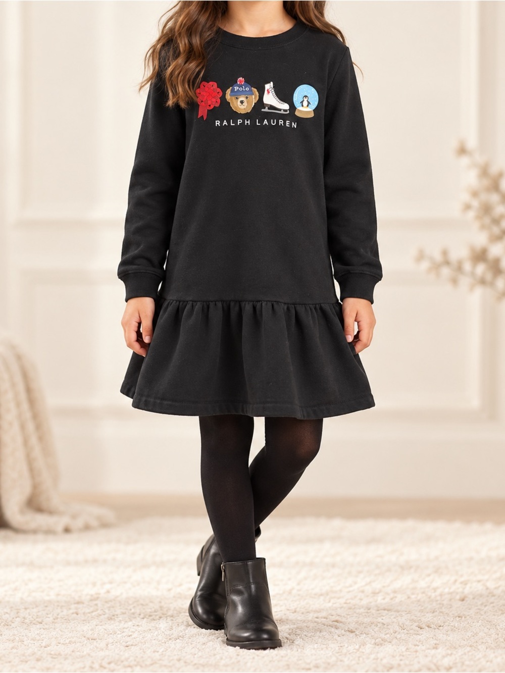 Polo Ralph Lauren Girls Black Holiday Sweatshirt Dress - EUC